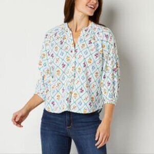 St. John's Bay white floral balloon sleeve button down size XL E10